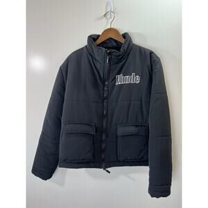 Rhude Mens Puffer Jacket Size M Black Logo Padded Streetwear Versatile Designer